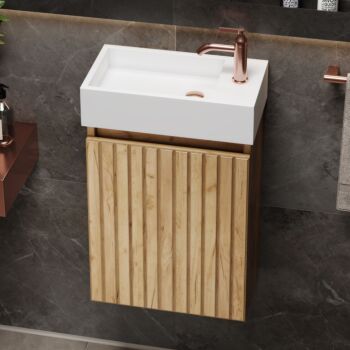 Fontana Alaska toiletmeubel 40cm warm eiken ribbelfront met fontein solid surface rechts