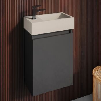 Fontana Crest toiletmeubel 40cm mat zwart met betonnen fontein beige links