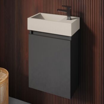 Fontana Crest toiletmeubel 40cm mat zwart met betonnen fontein beige rechts