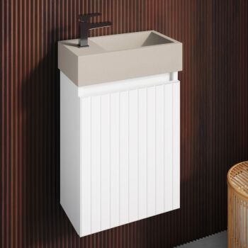 Fontana Crest toiletmeubel 40cm mat wit ribbelfront met betonnen fontein beige links