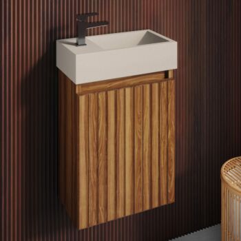 Fontana Crest toiletmeubel 40cm walnoot ribbelfront met betonnen fontein beige links