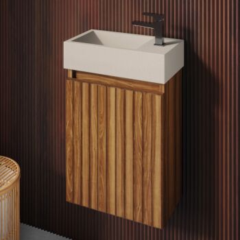 Fontana Crest toiletmeubel 40cm walnoot ribbelfront met betonnen fontein beige rechts