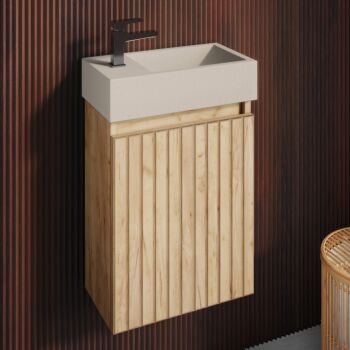 Fontana Crest toiletmeubel 40cm warm eiken ribbelfront met betonnen fontein beige links