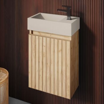 Fontana Crest toiletmeubel 40cm warm eiken ribbelfront met betonnen fontein beige rechts