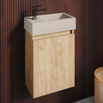 Fontana Crest toiletmeubel 40cm warm eiken met betonnen fontein beige links