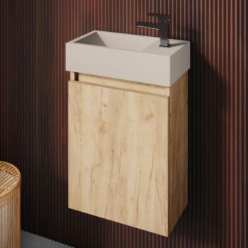 Fontana Crest toiletmeubel 40cm warm eiken met betonnen fontein beige rechts