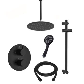 Saniclear Nero inbouw regendouche rond met hoofddouche 30cm, plafondarm, glijstang en 3 standen handdouche zwart mat